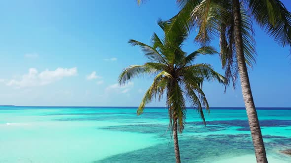 Aerial top view travel of idyllic shore beach journey by clear water and clean sandy background of j