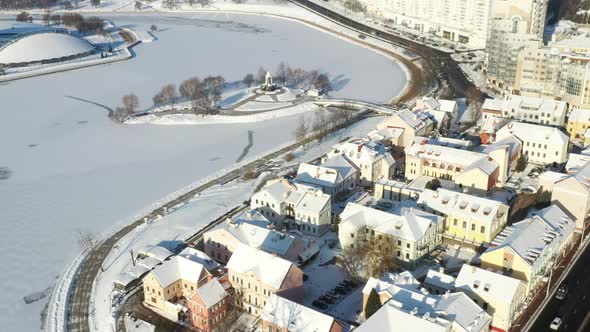 Snow-covered old center of Minsk from a height. The Trinity suburb. Belarus