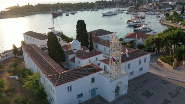 Aerial View of Spetses Old Town and Marina or Seaport Greece  Drone Videography