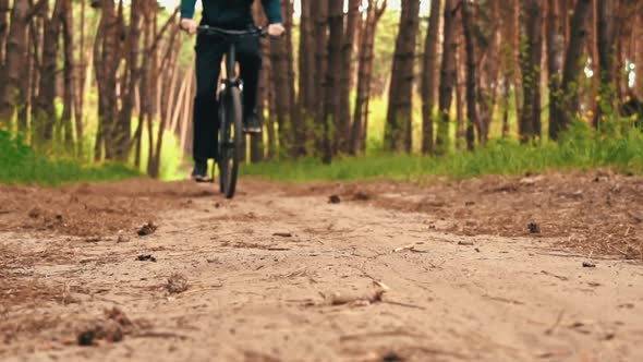 Young Guy Rides a Bicycle Along a Dusty Path in the Forest at Sunset