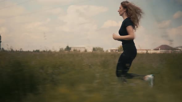 Woman Hair Flying. Girl Running At Sunset On Trail. Fit Athlete Female Marathon Workout. Runner Girl