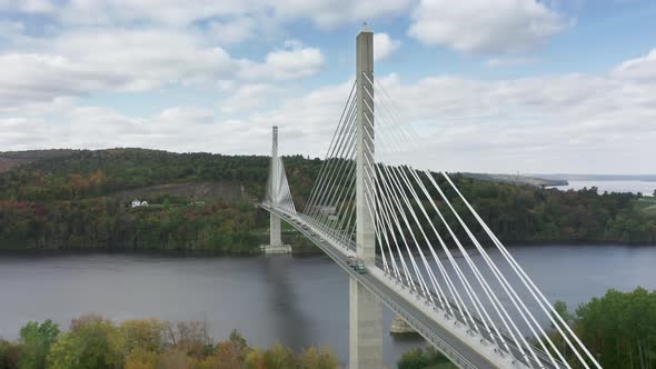 Aerial  Scenic White Structure of Penobscot Narrows Bridge and Observatory