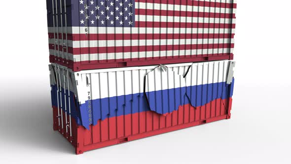 Container with Flag of the USA Breaks Container with Flag of Russia alt