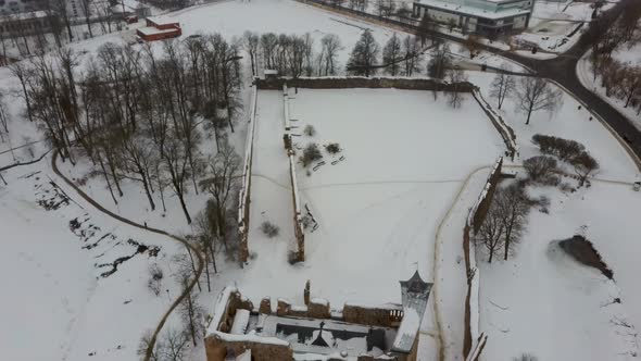 Ruins of Ancient Livonian Order's Stone Medieval Castle Latvia Aerial Drone Top Shot 