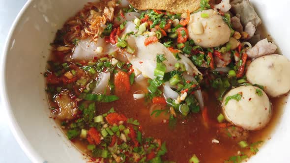 Thai Style Spicy Noodles with Fish Ball and Minced Pork