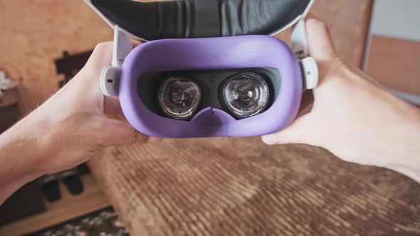 Point of View Man Taking On VR Helmet at Bedroom