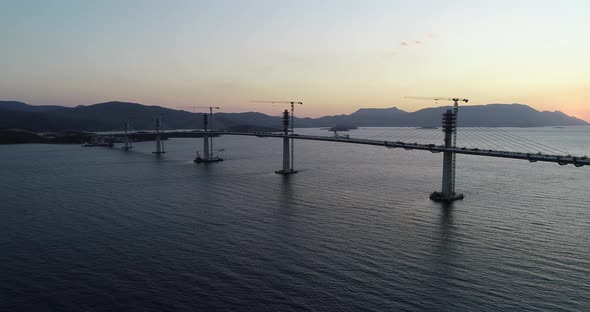 Aerial view of Peljeski bridge, Ston in Croatia.