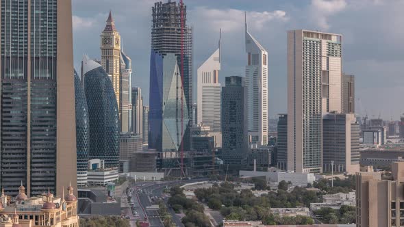 Skyline View of the Buildings of Sheikh Zayed Road and DIFC Timelapse in Dubai UAE