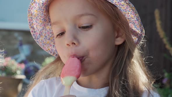 Close Up Portrait Girl Enjoys Delicious Ice Cream Cone