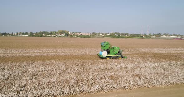 Aerial view of combine picking cotton, Kibbutz Saar, Mate Asher, Israel.