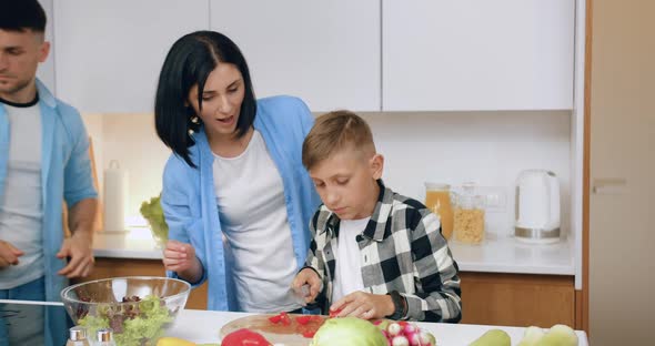 Mother Watching How Her Son Cutting Tomatoes for Vegetable Salad in Modern Cuisine