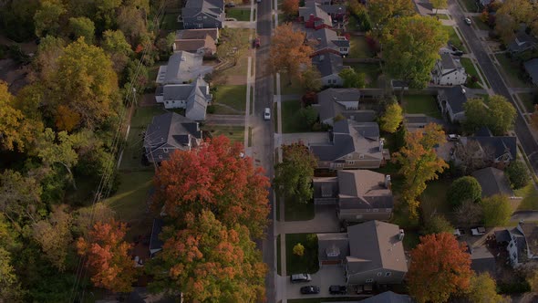 Flyover suburban homes and autumn leaves as a white car drives down the street and out of frame.