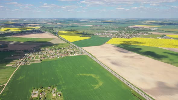 Top View of the Yellow Rapeseed Field and the Village