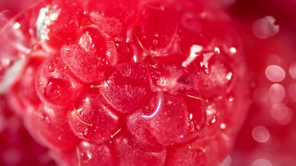 Macro Shot Flow of Clean Water Pouring Fresh Raspberries During Washing