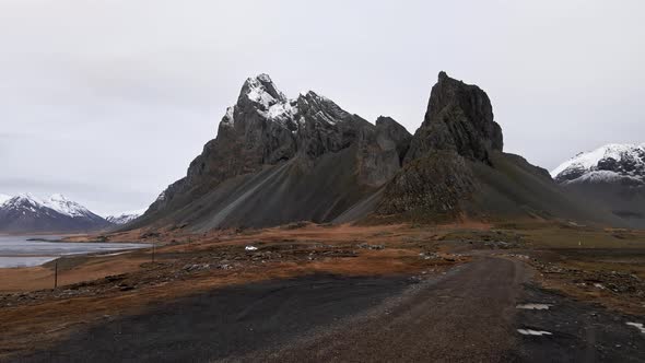 Drone Over Landscape With Vestrahorn Mountain