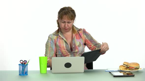 Busy Office Woman Eating Fast Food at Workplace