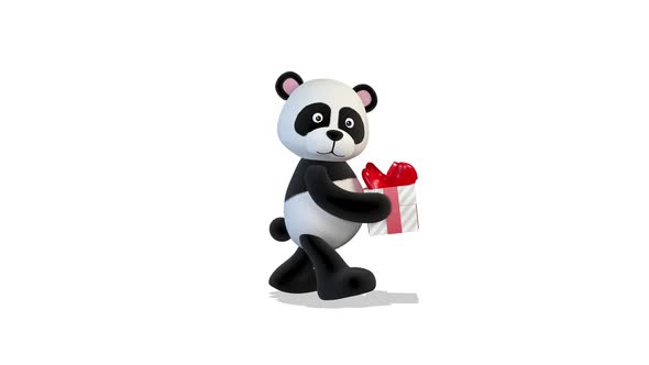 Panda Bear Dancing With A Gift on White Background