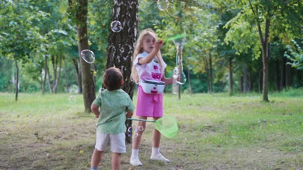 children having fun with bubbles. Little girl blowing soap bubbles in summer park