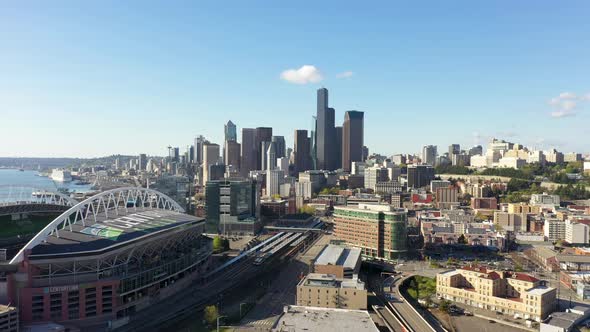 Aerial shot of Seattle's skyline on a summer day taken from the stadium district.