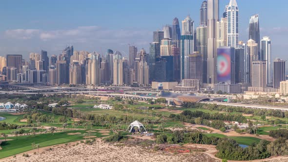 Dubai Marina Skyscrapers and Golf Course Morning Timelapse Dubai United Arab Emirates