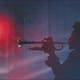 A trumpeter plays the trumpet with smoke and neon lights in the room - VideoHive Item for Sale