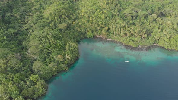 Aerial: flying over tropical island Banda Islands Maluku Indonesia