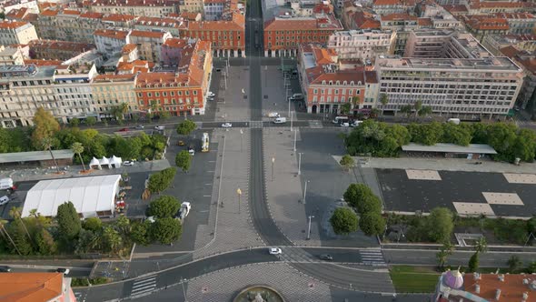 Flight over The Place Massena, a historic square in Nice, Cote d'Azur, France