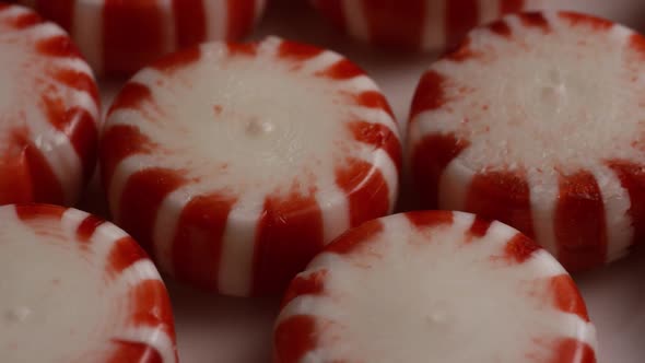 Rotating shot of peppermint candies 