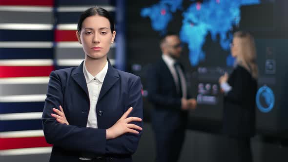Portrait of Successful Mixed Race Brunette Woman in Suit White Collar Posing at Hi Tech Office