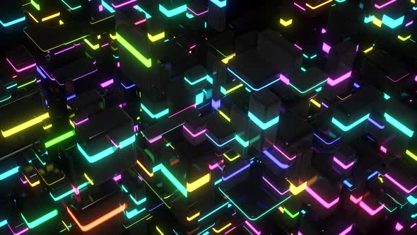 Dark Background Neon Cubes Light Bulbs