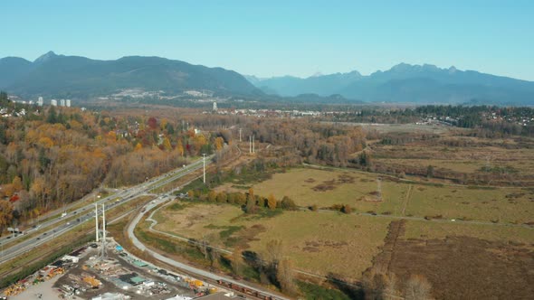 Aerial drone view of the picturesque mountain scenery in Port Coquitlam, BC