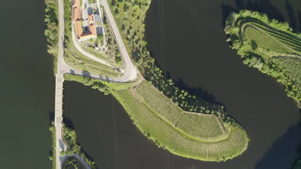 Quinta do Tedo drone view of s shape bend river in Douro wine region, in Portugal