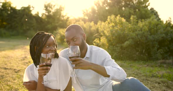 Black Loving Couple Drinking Wine on Summer Picnic