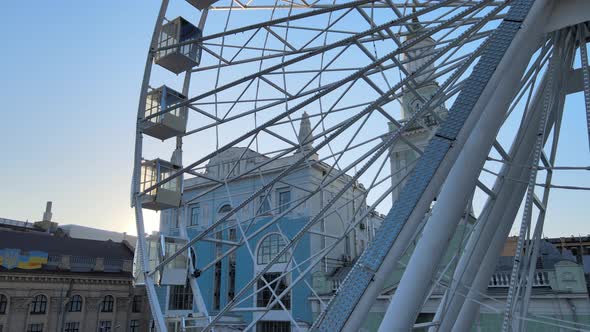 Ferris Wheel in the Morning at Sunrise in Kyiv, Ukraine. Aerial View