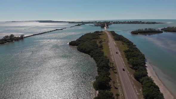 Aerial on the road to Boca Grande.  An island of the coast of Florida in the Gulf of Mexico.  Quaint