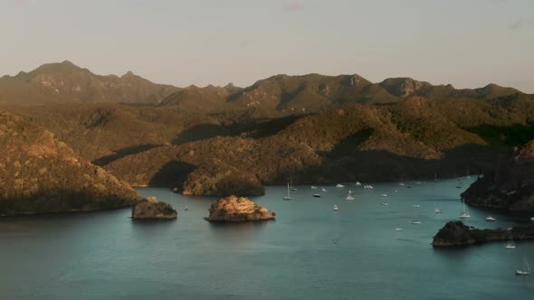 Bay of Islands in New Zealand, aerial panning shot wide angle