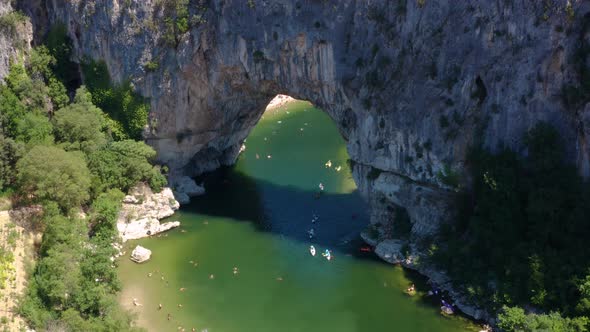 Aerial view of Narural arch in Vallon Pont D'arc in Ardeche canyon in France