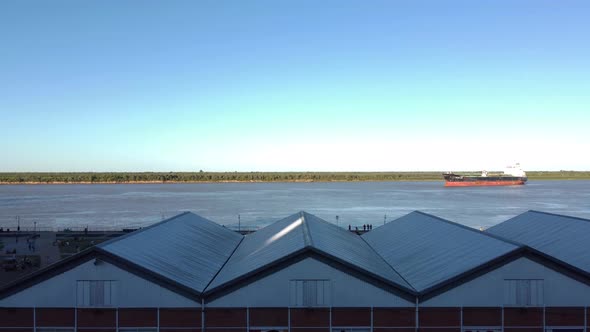 Aerial of freight ship in parana River, Rosario, Argentina