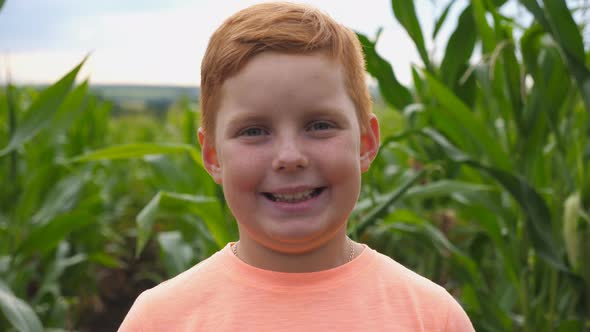 Close Up of Little Smiling Redhaired Boy with Freckles Looking Into Camera Against the Background of