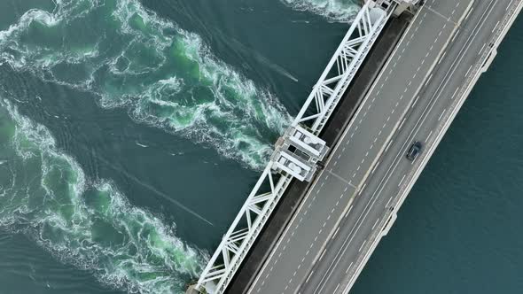 Bird's Eye View of a Storm Surge Barrier Bridge in the Netherlands