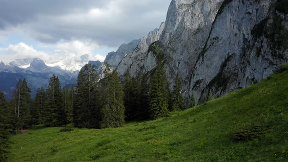 Aerial Footage of Forest and Mountains Near Gosausee Lake Upper Austria