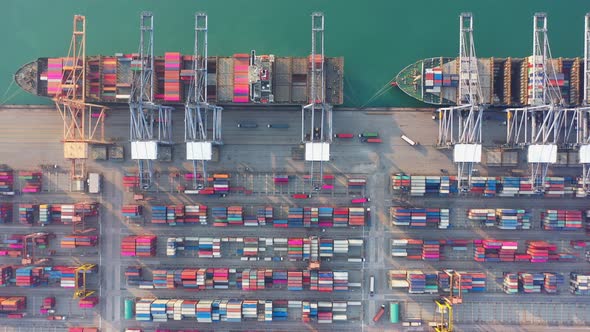 Aerial view port container terminal container ship in import export and business logistic.