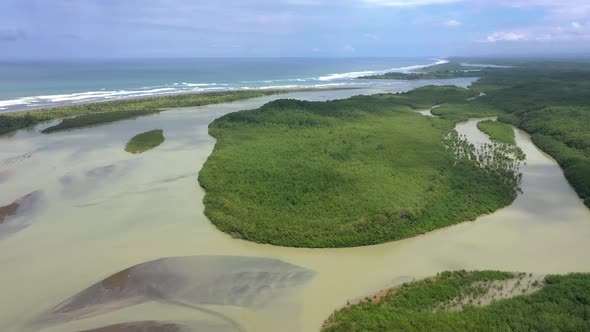 Beautiful drone shot of a river in the jungles and rainforests of Costa Rica