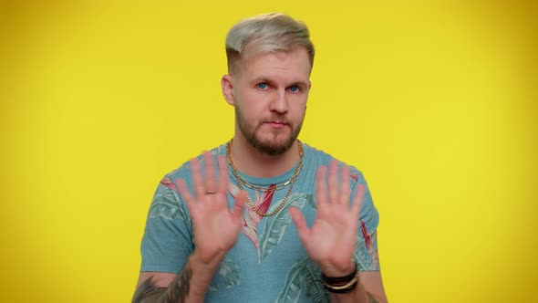 Man on Yellow Studio Background Pointing Fingers Himself Ask Say Who Me No Thanks I Do Not Need It
