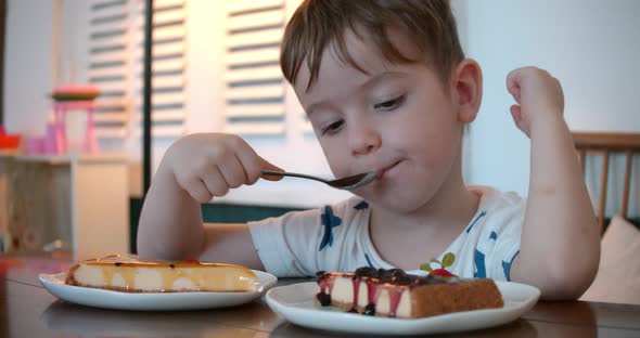 Cute Healthy Preschooler Eating Sweet Cheesecake Sitting in a Children's Cafe. At the Restaurant