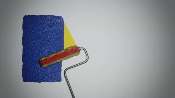 Roller paints the wall in colors of  Romanian flag.