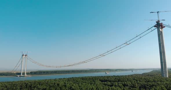 View Of Romania's Braila Bridge Under Construction Viaduct Over Danube River