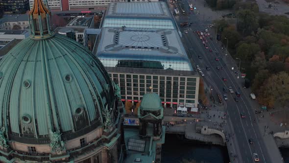 AERIAL: Close Up of Berlin Cathedral, Germany in Fall Colors at Beautiful Sunset