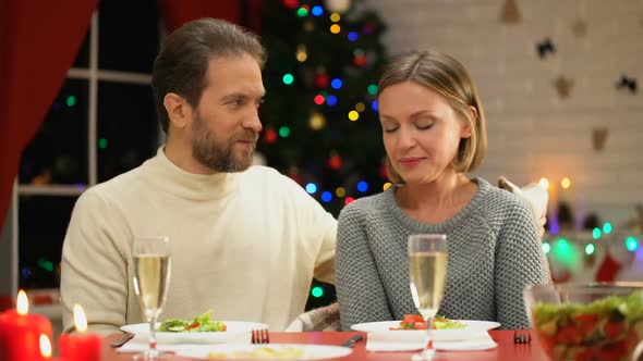 Husband Covering Young Wife With Cozy Plaid, Celebrating Xmas Eve, Relations