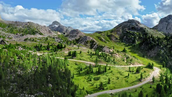 Green passo Falazarego in summer, Dolomites, aerial view